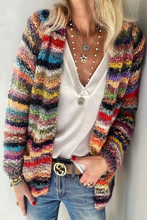 Kathiadress Colorful Striped Knit Cardigan