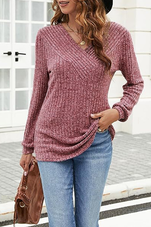 Kathiadress Long Sleeve V-Neck Casual Ribbed Top