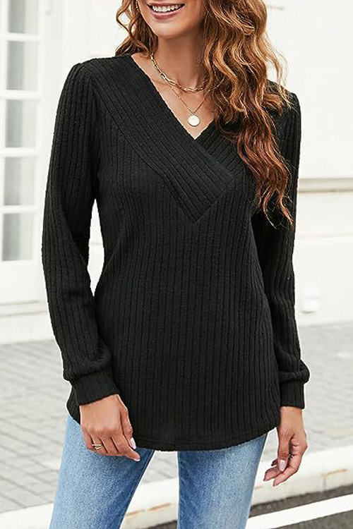 Kathiadress Long Sleeve V-Neck Casual Ribbed Top