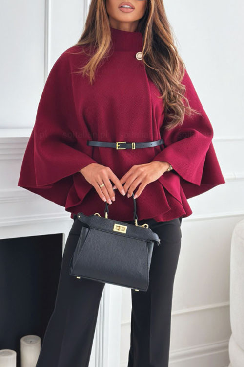 Kathiadress Solid Colour Waist Tie Tweed Poncho Jacket