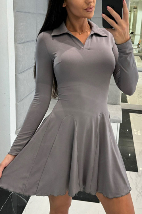 Kathiadress Solid Colour Waisted Long Sleeve Lapel Dress