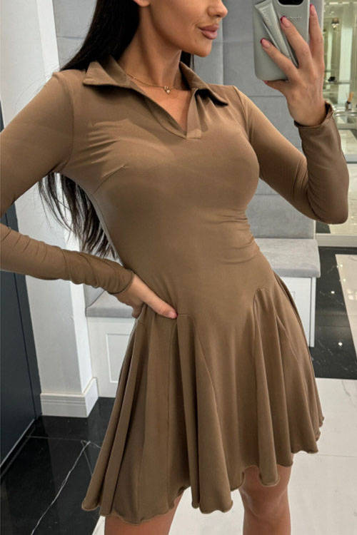 Kathiadress Solid Colour Waisted Long Sleeve Lapel Dress