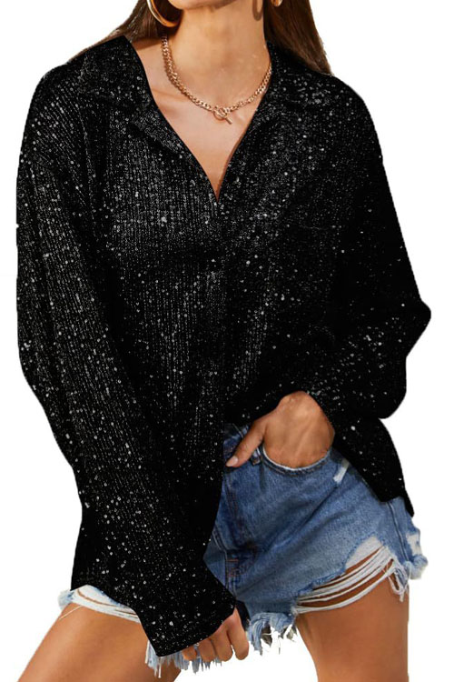 Kathiadress Sequined Long-Sleeve Lapel Chic Casual Shirt