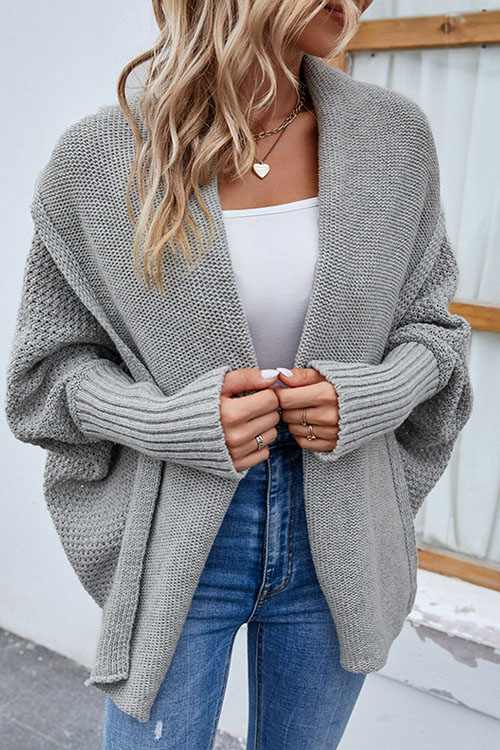 Kathiadress Solid Color Batwing Sleeve Cardigan Sweater