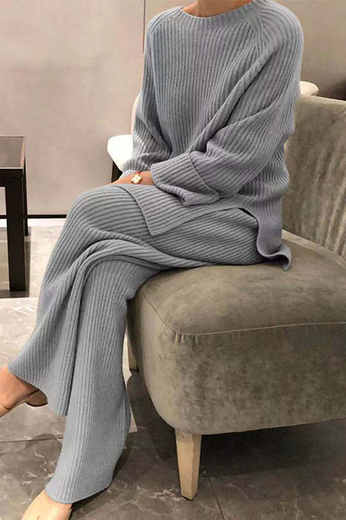 Kathiadress Long-sleeved solid color knitted casual sweater two-piece 