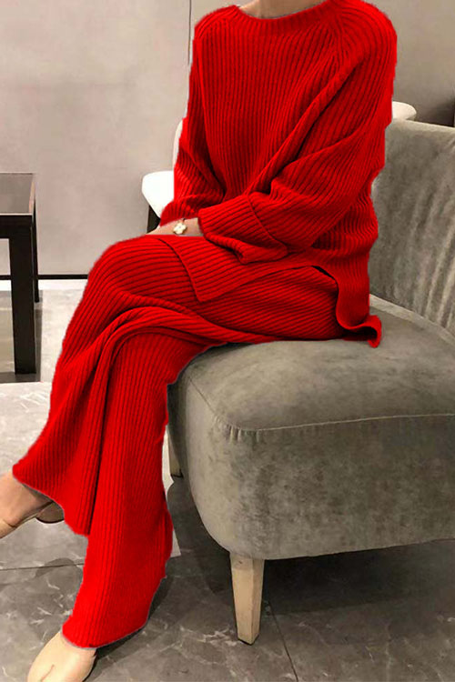 Kathiadress Long-sleeved solid color knitted casual sweater two-piece 