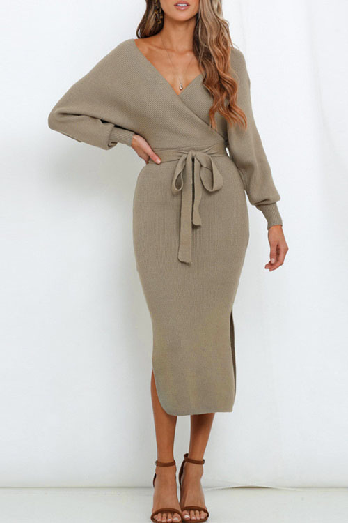 Kathiadress Knitted slim fit double V-neck sweater dress