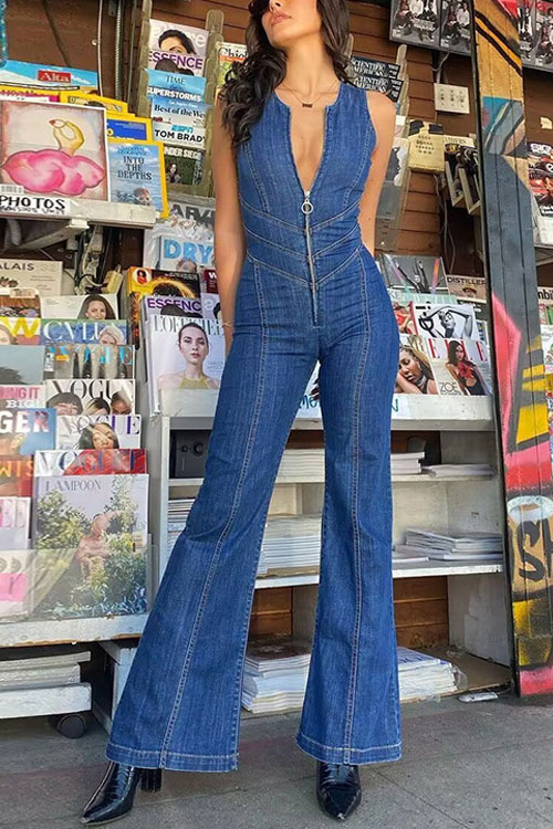 Fashionable love on back high waist denim jumpsuit