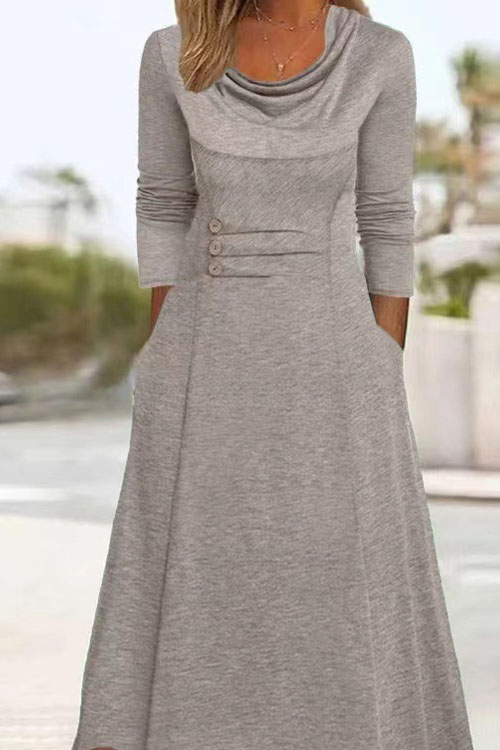 Kathiadress Round neck waist-cinching solid button pockets dress 