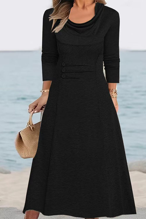 Kathiadress Round neck waist-cinching solid button pockets dress 