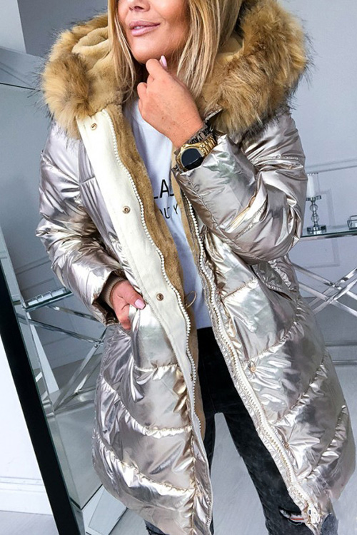 Kathiadress Slim fit solid color glossy zipper lining fur collar cotton jacket