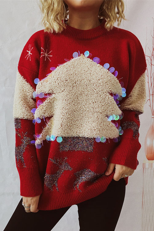 Kathiadress Christmas Holiday Sequined Christmas Tree Fawn Pullover Sweater