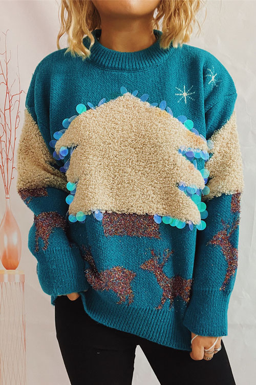 Kathiadress Christmas Holiday Sequined Christmas Tree Fawn Pullover Sweater