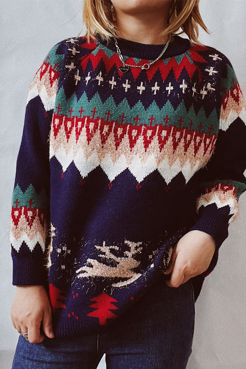 Kathiadress Christmas Sweater Elk Christmas Tree Gold Thread Sweater