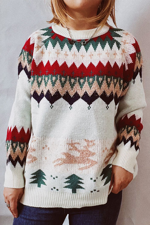 Kathiadress Christmas Sweater Elk Christmas Tree Gold Thread Sweater