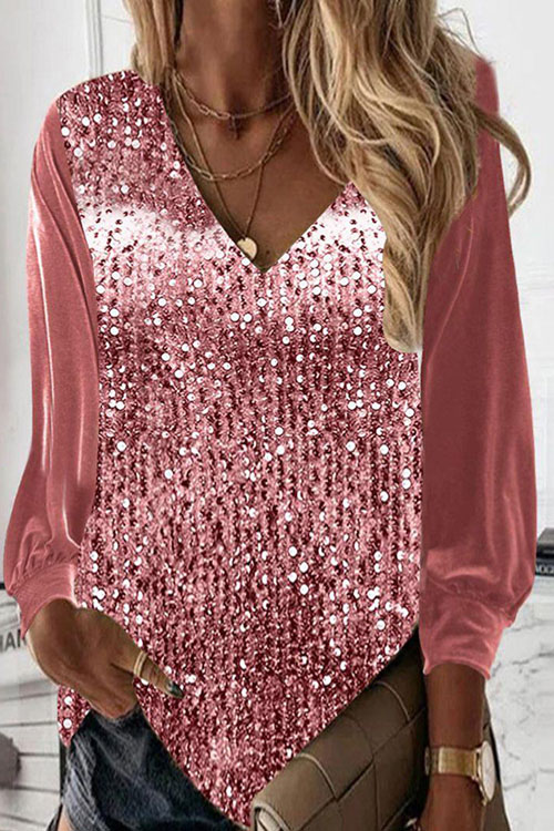 Kathiadress V-neck loose shirt sequined long sleeve shirt