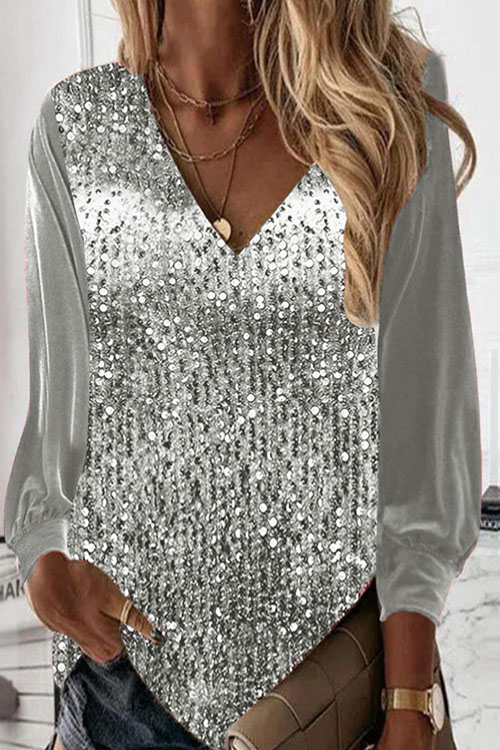 Kathiadress V-neck loose shirt sequined long sleeve shirt