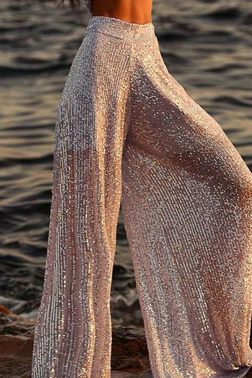 Kathiadress  Solid sequined high-waisted wide-leg flared casual pants