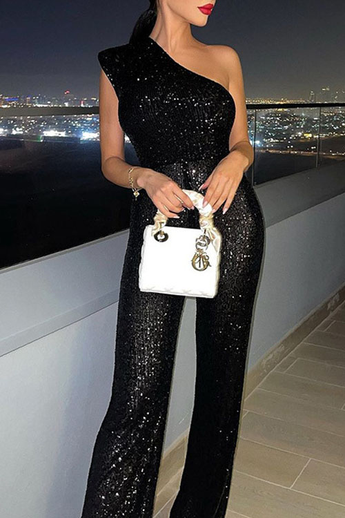 kathiadress Solid fashionable one shoulder sequined jumpsuit