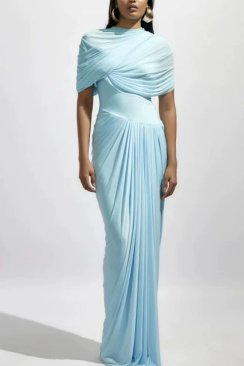 Kathiadress  Retro-style shawl-style pleated bodycon maxi dress