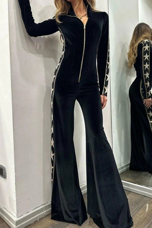 Kathiadress Velvet patchwork printed long-sleeved wide-leg jumpsuit