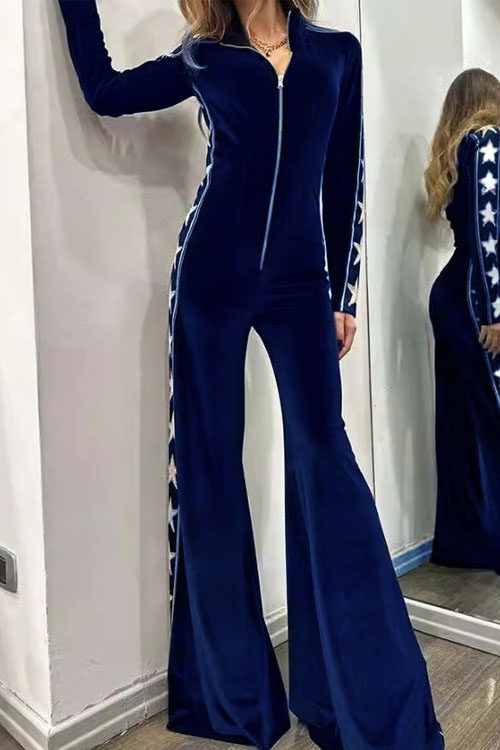 Kathiadress Velvet patchwork printed long-sleeved wide-leg jumpsuit