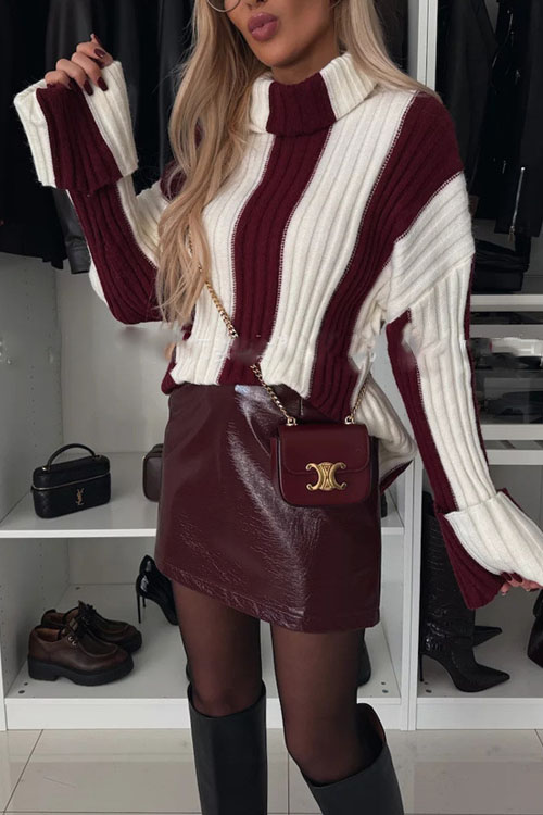 Kathiadress Casual Stylish Slim-fit Turtleneck Striped Pullover Sweater