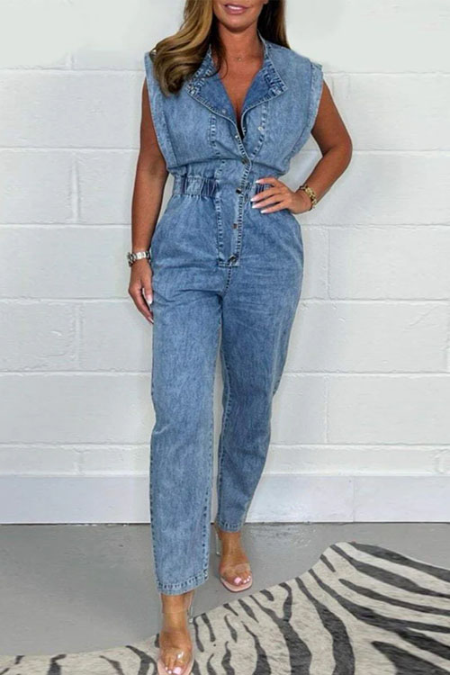Kathiadress Waist-cinching Utility Pocket Sleeveless Casual Denim Jumpsuit