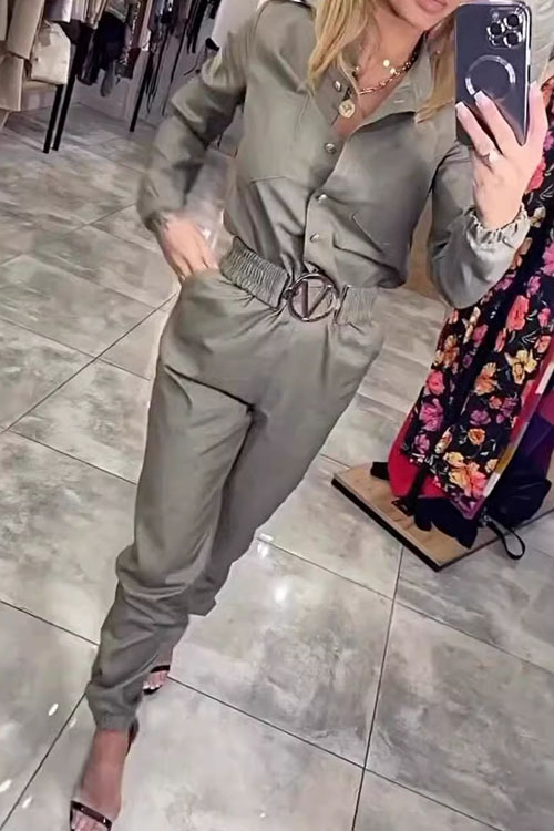 Kathiadress Cinched Waist Long-Sleeve Casual Shirt Jumpsuit