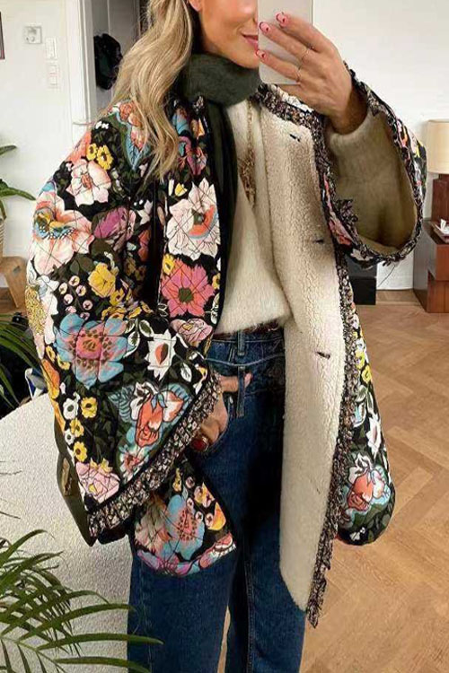 Kathiadress Printed imitation cashmere comfortable casual bell sleeve loose cotton coat