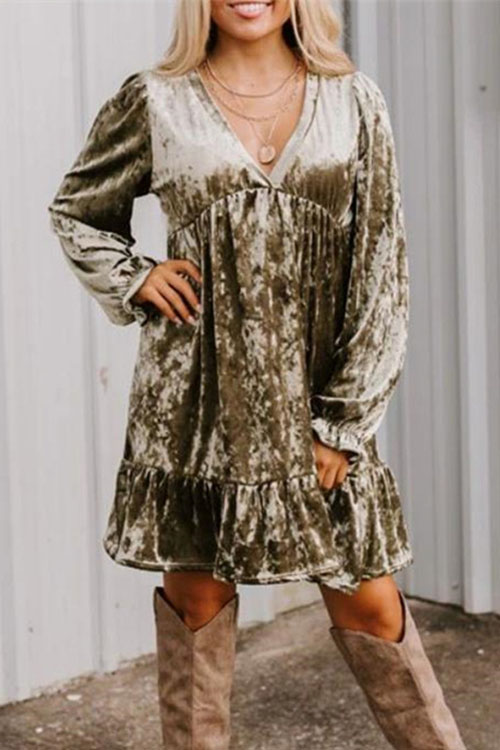 Kathiadress Velvet balloon sleeve street pleated long sleeve dress