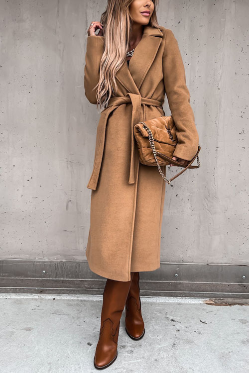 Kathiadress Lapel  woolen simple strappy windbreaker coat 