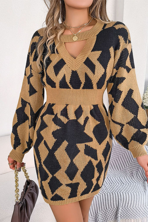Kathiadress Casual color block hollow lantern sleeve waisted sweater dress