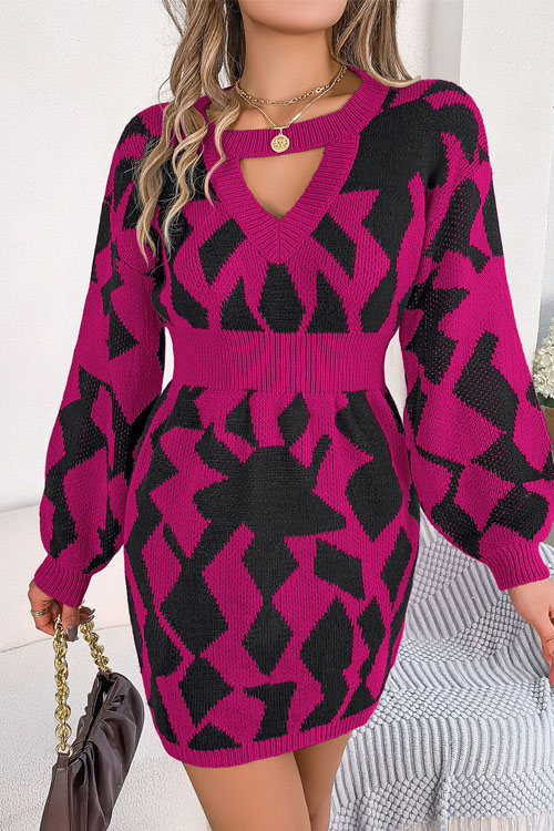 Kathiadress Casual color block hollow lantern sleeve waisted sweater dress