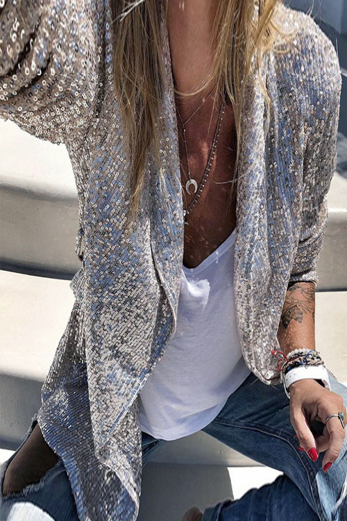 Kathiadress suit lapel solid color sequins jacket top 