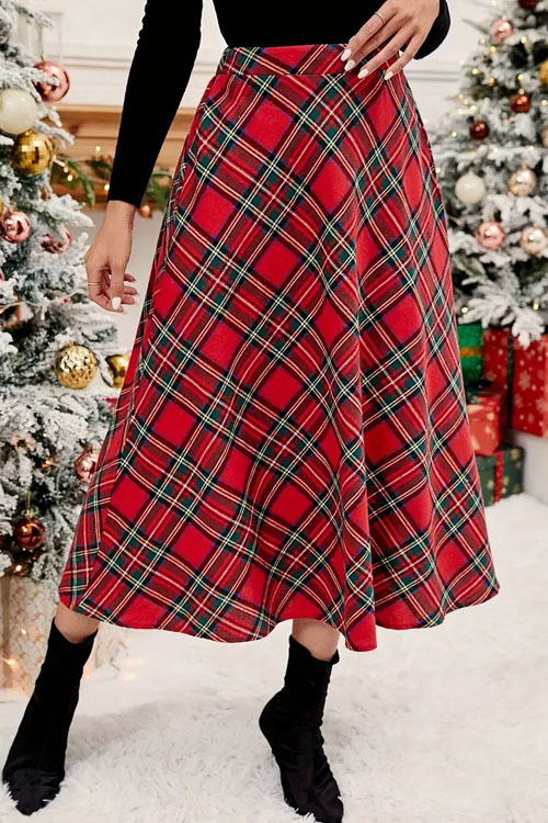Kathiadress  High-waisted casual  loose-fitting plaid A-line skirt