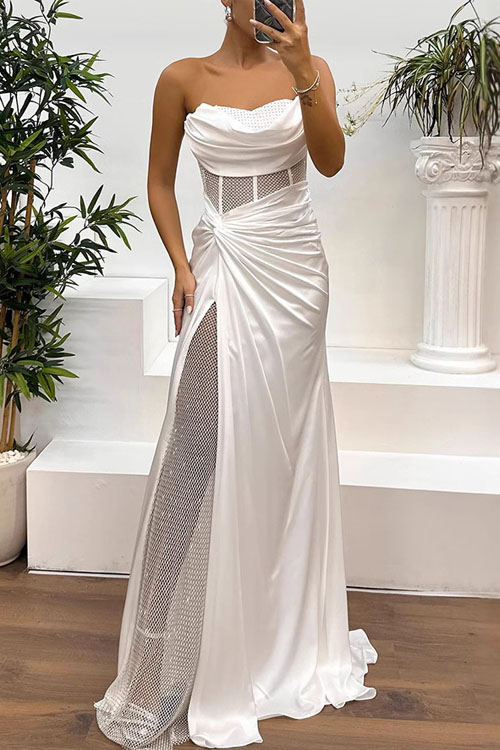 Kathiadress Gathering Satin Spliced Strapless Dress