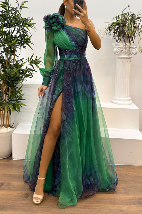 Kathiadress One-shoulder Mesh Printed Dress