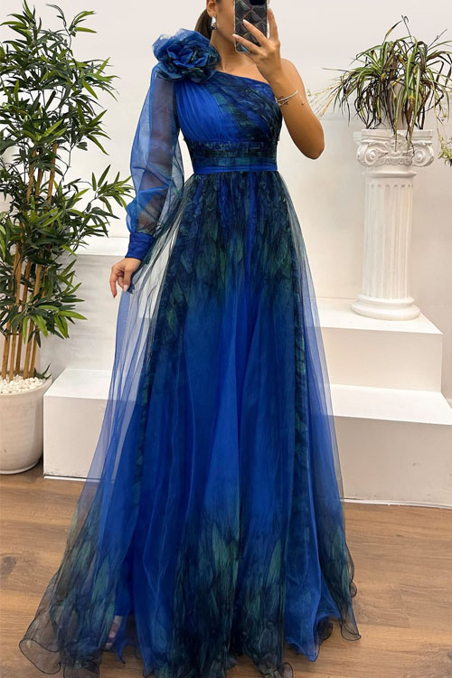 Kathiadress One-shoulder Mesh Printed Dress