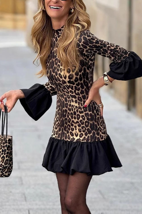 Kathiadress Leopard Print Patchwork Flare Sleeve Dress