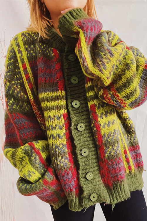 Kathiadress  Contrast color striped thickened loose single-breasted cardigan sweater jacket