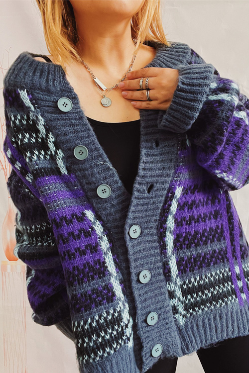 Kathiadress  Contrast color striped thickened loose single-breasted cardigan sweater jacket
