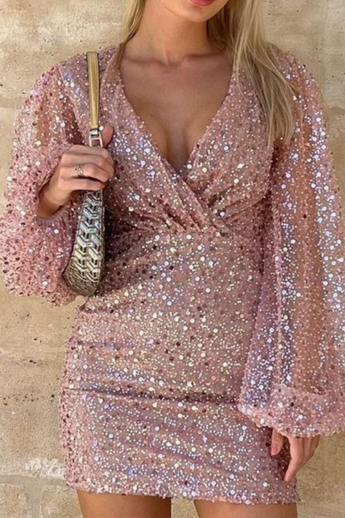 Kathiadress  Long-sleeved V-neck sequin waist-hugging dress