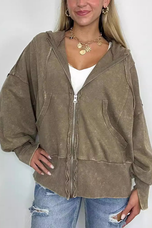 Kathiadress Fashionable Long-sleeve Pocket Hoodie Washed Jacket