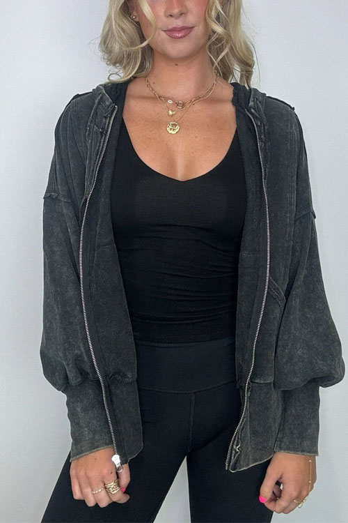 Kathiadress Fashionable Long-sleeve Pocket Hoodie Washed Jacket