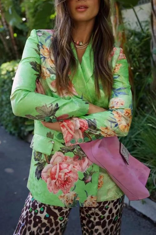 Kathiadress Pink Floral Green Lapel Blazer