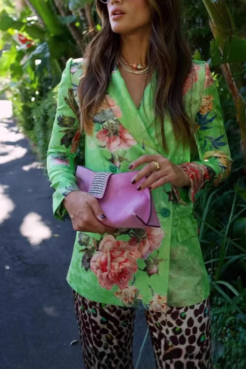 Kathiadress Pink Floral Green Lapel Blazer