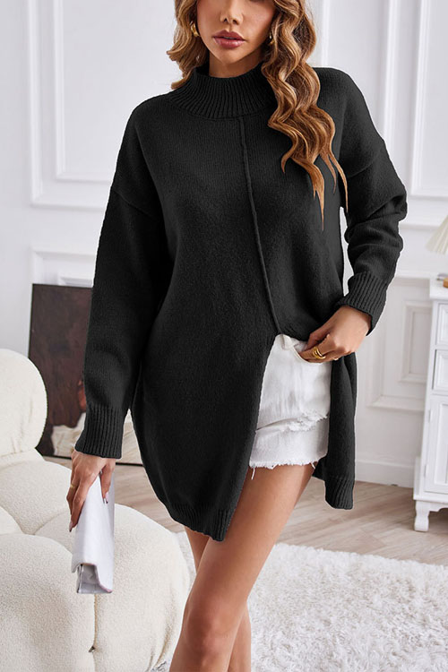 Kathiadress   Solid half turtleneck pullover fashion mid-length slit sweater  dress