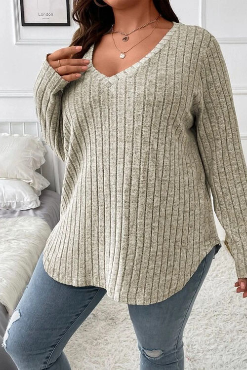 Kathiadress   Solid color large size V-neck long-sleeved pitted brushed T-shirt