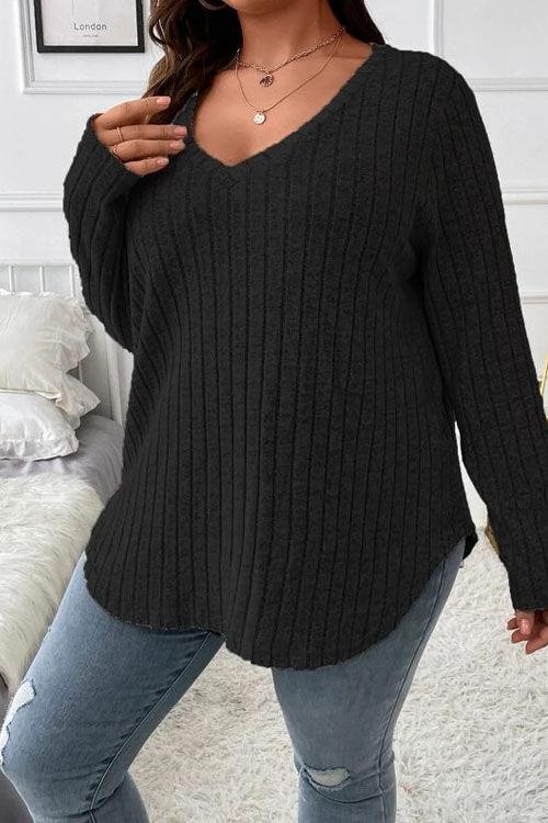 Kathiadress   Solid color large size V-neck long-sleeved pitted brushed T-shirt